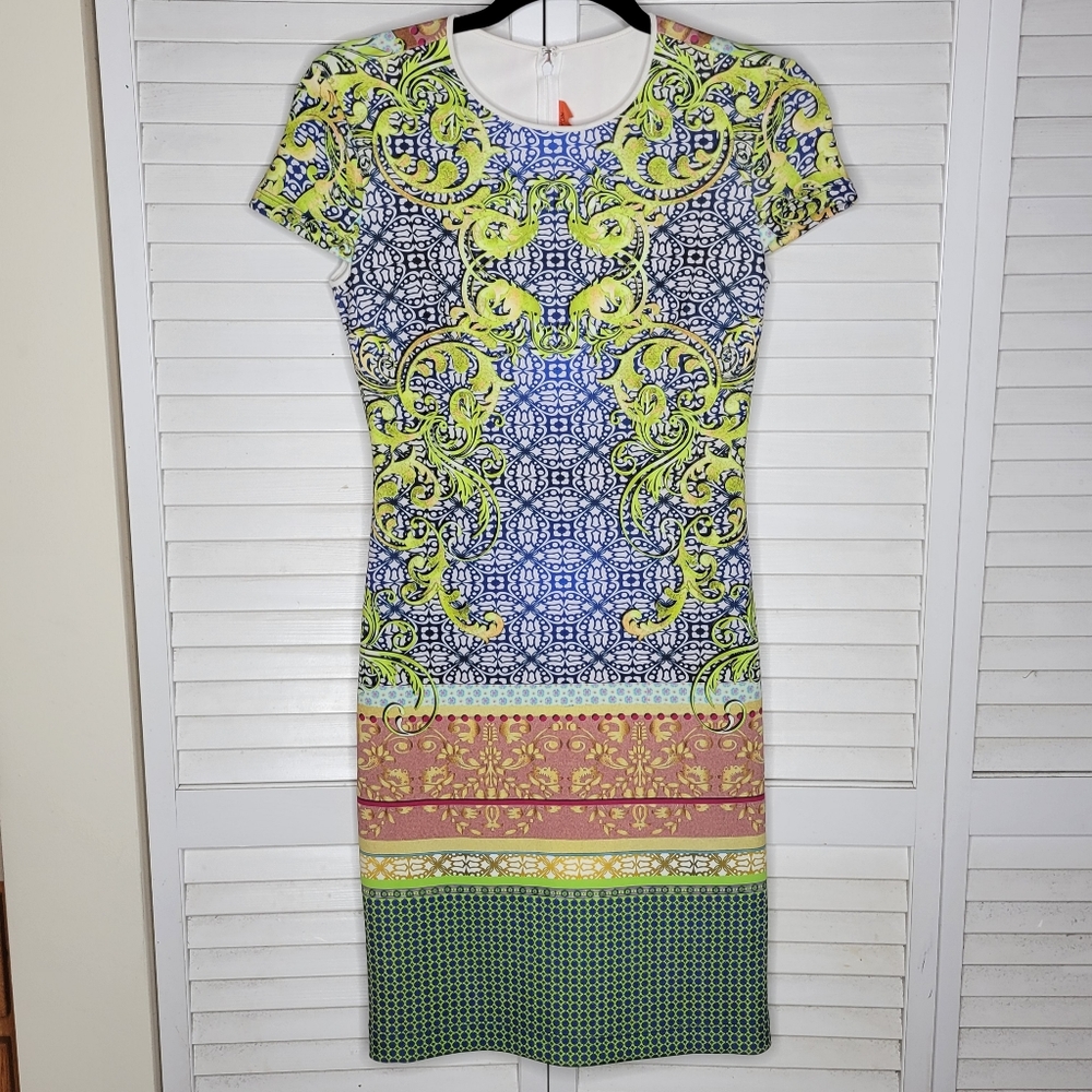 Clover Canyon Colorful Filigree Printed Scuba Neoprene Dress MEDIUM EUC